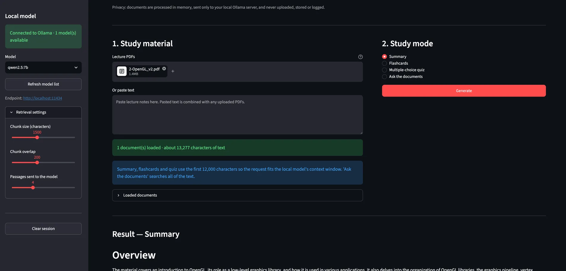 The study assistant in a browser. A sidebar shows “Connected to Ollama”, the selected model and retrieval settings. The main panel has one lecture PDF loaded, a notice that about 13,277 characters of text were extracted, four study modes with Summary selected, and the start of a generated summary.
